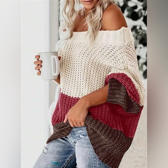 Off-Shoulder Color Block Sweater - Picture 3 of 6
